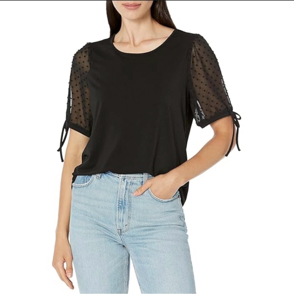 Adrianna Papell Black Short-Sleeve Swiss Dot Mesh Tie Top, Size Medium.